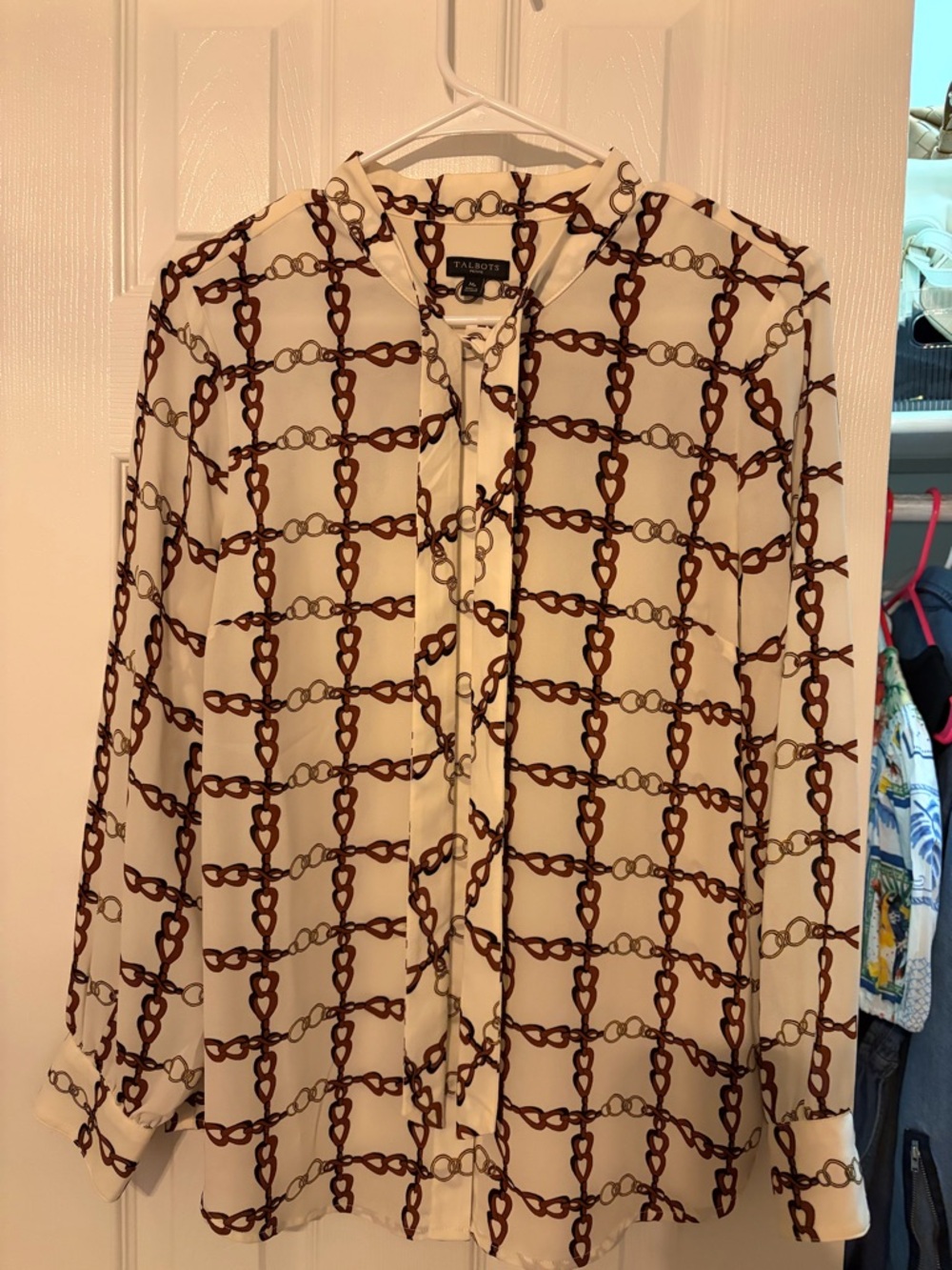 Talbots Cream Button-Front Shirt with Brown Chain Print